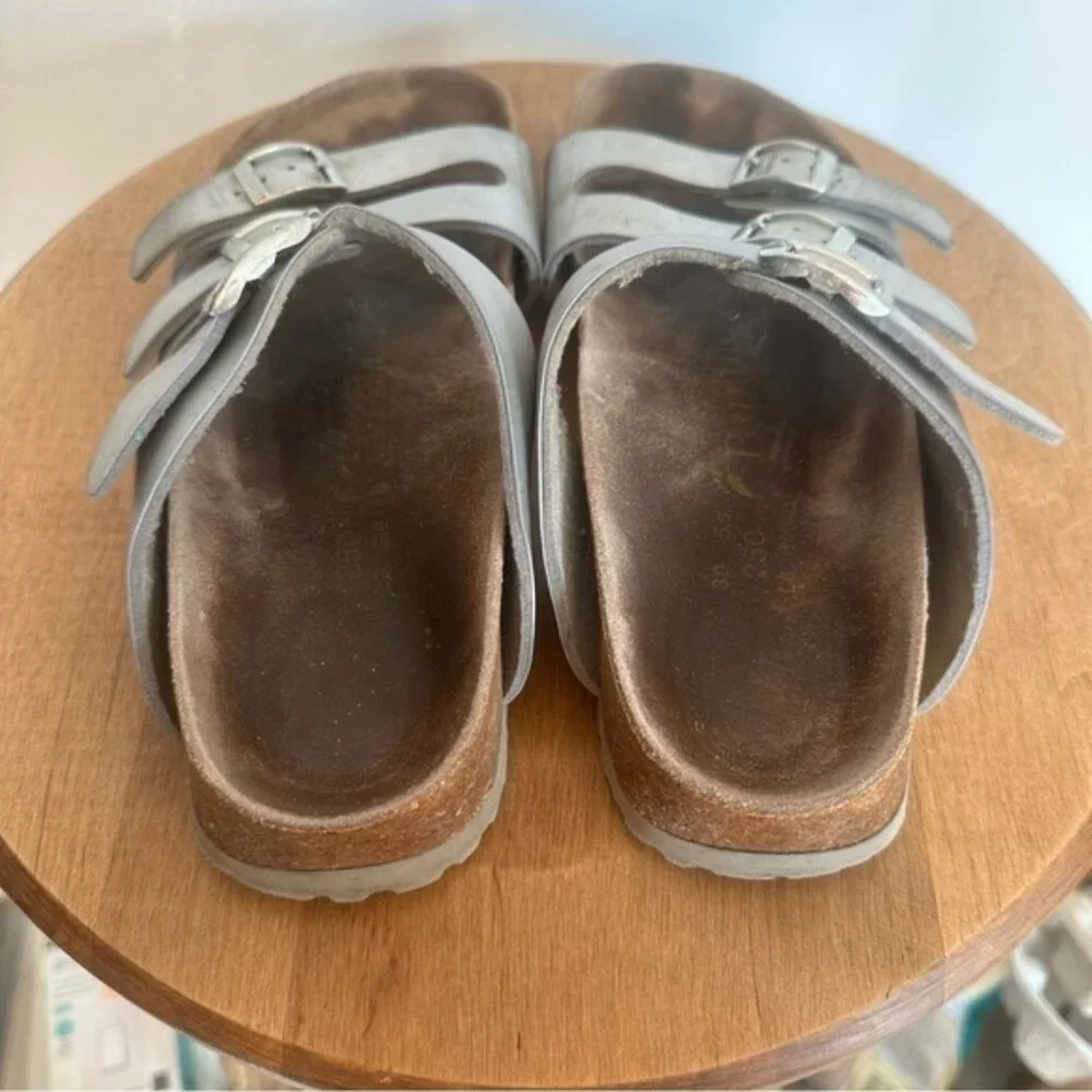 Birkenstock Papillio Florida Silver Sandal Womens Size EU 39 US 8 Triple Strap - Picture 5 of 11